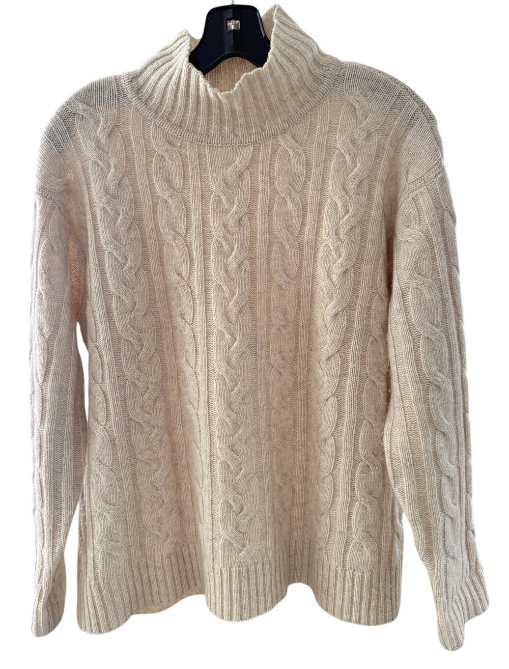 J. Jill Cream Wool Cable Knit Mock Neck Sweater XS Petite Oversized Preppy Cozy